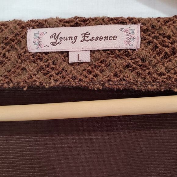 Young Essence Brown Loose Knit Long Sleeve Flowy 3 Button Cardgan Sweater Large - Picture 3 of 7